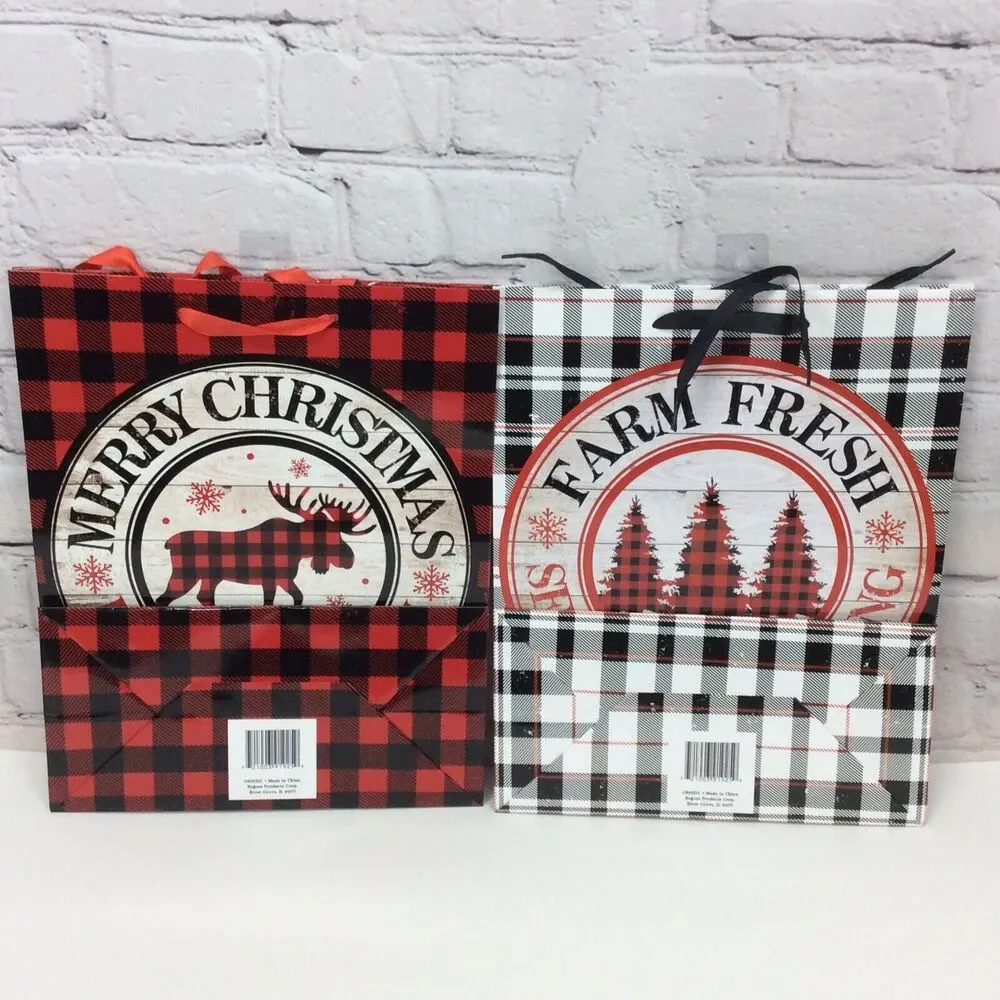 Christmas Gift Bags 7 Piece Set Red/Black Buffalo Check 3 Sizes Ribbon Handles